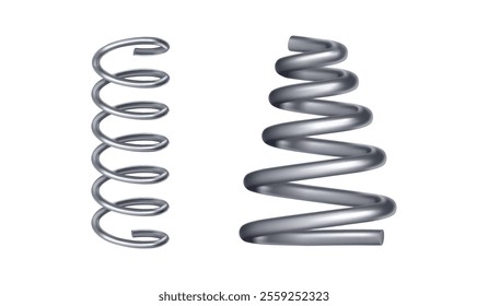 Metal spring, isolated flexible spiral metal wire straight and tapered or conical form. Vector realistic set of elastic springy coils, different shapes for suspension or machine absorber