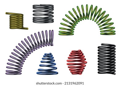 Metal spring realistic set with different shape isolated vector illustration