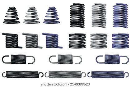 Metal spring realistic set with extended tension symbols isolated vector illustration