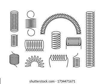 Metal spring set. Twisted spiral elongated or compressed semicircular flexible spring from wire elastic. Silhouette vector linear shapes.