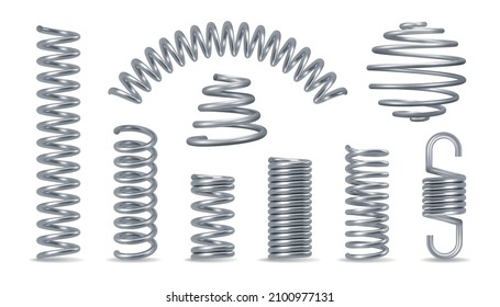 Metal spring silver realistic set with swirls isolated vector illustration svg