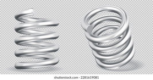 Metal spring silver realistic set with swirls isolated vector illustration. isolated on transparent background svg