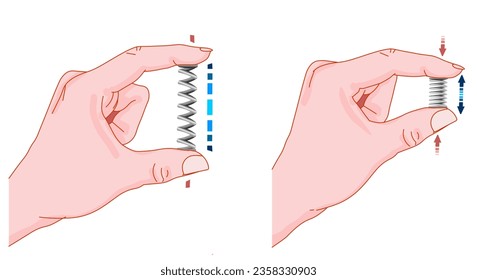 Metal spring stretched and clamped between fingers. Elasticity mechanics, hand resting, tension, coil velocity. Experiment lesson, homework test. Physics illustration vector