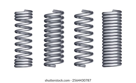 Metal springs, isolated realistic spirals different shapes and types. Vector icons of swirl line or curved wire cords, shock absorbers or equipment parts. Repair spare or flexible supplements