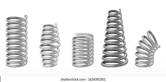 Metal springs or machine absorbers, vecor realistic 3d isolated objects. Abstract shiny metallic chrome springs extended and compressed of different shapes