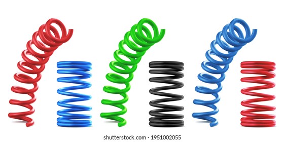 Metal springs, realistic colorful coils isolated set. Flexible spiral parts, bouncing and compressed red, blue, green and black industrial or mechanic garage objects, 3d vector illustration, clip art