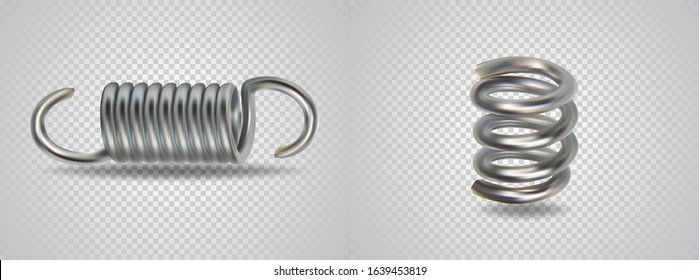 Metal Springs. Realistic Steel Objects. Flexible Spiral Wire For Mechanisms, Machine Industry, Windup Toys And Music Boxes. Elastic Coil Icons Isolated On Transparent Bg. Vector Illustrations set.