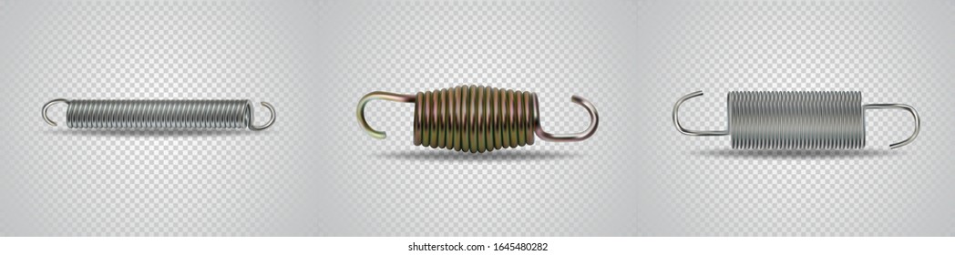 Metal Springs. Realistic Steel Objects. Flexible Spiral Wire For Mechanisms, Machine Industry, Windup Toys And Music Boxes. Elastic Coil Icons Isolated On Transparent Bg. Vector Illustrations set.