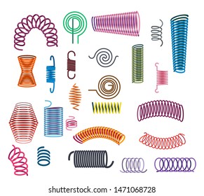 Metal springs set. Coil spirals, flexibly absorber, curved line. Equipment concept. Cartoon vector illustrations can be used for pressure, electric equipment, cable