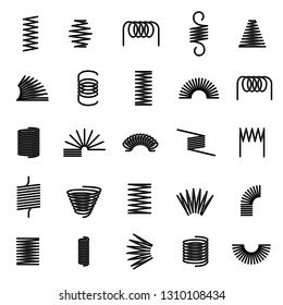 Metal springs. Twisted spiral, flexible coil wire suspension black spring vector line icons set