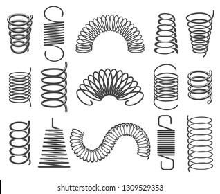 Metal springs. Vector metallic spiral and coil spring icons, compacted steel springs silhouette symbols isolated on white background