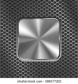 Metal square button on perforated background. Vector 3d illustration.