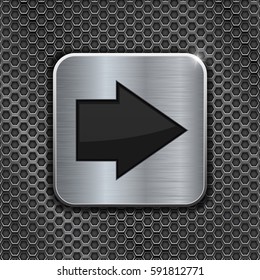Metal square button with right arrow on perforated background. Vector 3d illustration