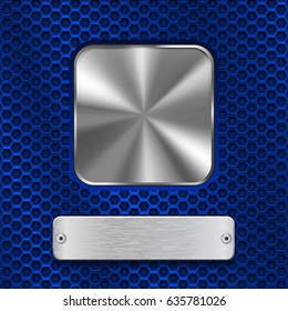 Metal square button and rivetted steel plate on blue hexagon perforated background. Vector 3d illustration
