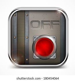 Metal square icon with off switch button, vector illustration