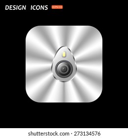 metal square with rounded corners button on a black background. icon smartphone camera and flash. icon. vector design