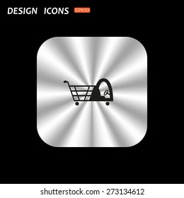 metal square with rounded corners button on a black background. Shopping basket with cabin for children. icon. vector design