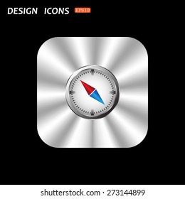 metal square with rounded corners button on a black background. compass icon with red and blue arrow. icon. vector design