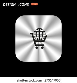 metal square with rounded corners button on a black background. put in shopping cart, Globe. icon. vector design