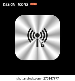 metal square with rounded corners button on a black background. Wireless network access is open, unlocked. icon. vector design