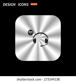 metal square with rounded corners button on a black background. Headphones. Musical accessories running through wi-fi network. icon. vector design