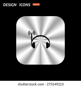 metal square with rounded corners button on a black background. Headphones. Musical accessories running through wi-fi network. icon. vector design
