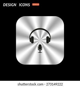 metal square with rounded corners button on a black background. Headphones. Musical accessory. icon. vector design