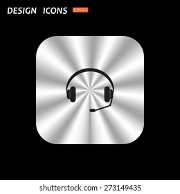 metal square with rounded corners button on a black background. Headphones. Musical accessory. icon. vector design