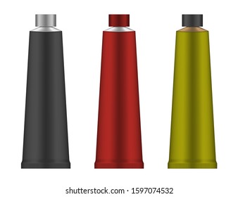 Metal squeeze tube package, realistic vector mockup. Blank flexible aluminum container isolated on white background, mock-up. Color set. Easy to recolor.