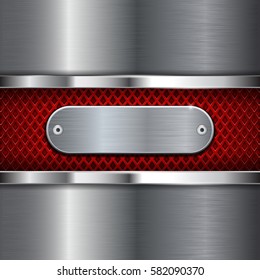 Metal stainless steel background with red perforation. Diamond shape holes. Vector 3d illustration.