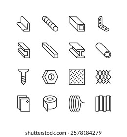 Metal and Stainless Steel Products, linear style icon set. Icons representing metal profiles, screws, bolts, mesh, and other building materials. Beams, pipes, and sheets. Editable stroke width