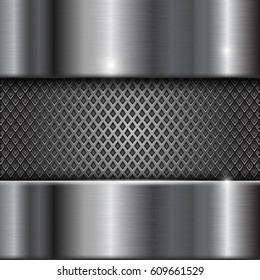 Metal stainless steel shiny background with perforation. Vector 3d illustration