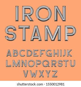 Metal stamp font retro vector illustration. Set of unique decorative 3D type, capital calligraphic alphabet, typography letterpress isolated on background. Latin retro type