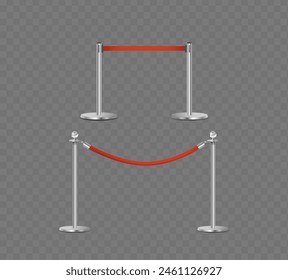 Metal Stanchions Connected By Luxurious Red Velvet Ropes Isolated On Transparent Background, Ideal For Exclusivity