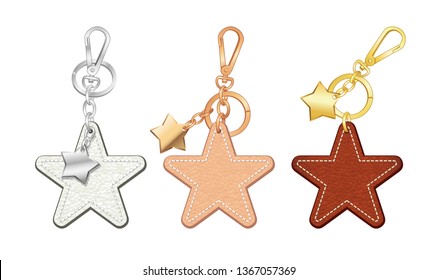 metal star pendants key chains/ bag charms set, Star shaped key rings, vector illustration sketch template