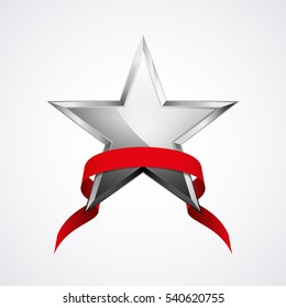 Metal star and red ribbon logo for your design, vector illustration, isolated on white