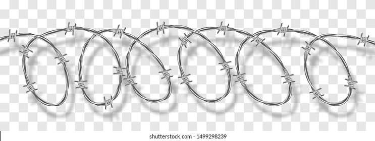 Metal steel barbed spiral wire with thorns or spikes realistic vector illustration isolated on transparent background with shadow. Fencing or barrier doodle element for danger facilities or prisons
