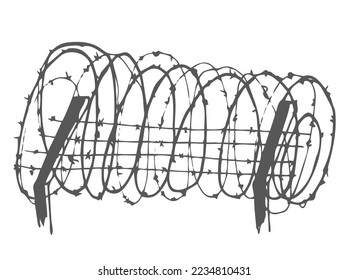 Metal steel barbed spiral wire with thorns or spikes realistic vector illustration isolated on transparent background with shadow. Fencing or barrier doodle element