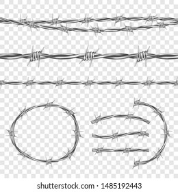 Metal steel barbed wire with thorns or spikes realistic seamless vector illustration isolated on transparent background. Fencing or barrier element for danger industrial facilities or prisons