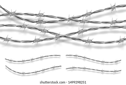 Metal steel barbed wire with thorns or spikes realistic vector illustration isolated on white background with shadow. Fencing or barrier element for danger industrial facilities or prisons
