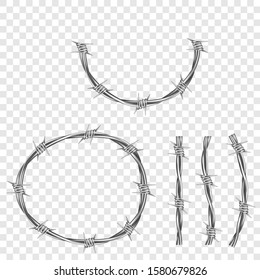 Metal steel barbed wire with thorns or spikes realistic vector illustration isolated on transparent background. Fencing or barrier part, element for danger industrial facilities or prisons