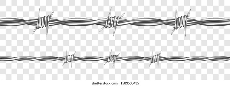Metal steel barbed wire with thorns or spikes realistic vector illustration isolated on transparent background. Fencing or barrier element for danger industrial facilities or prisons