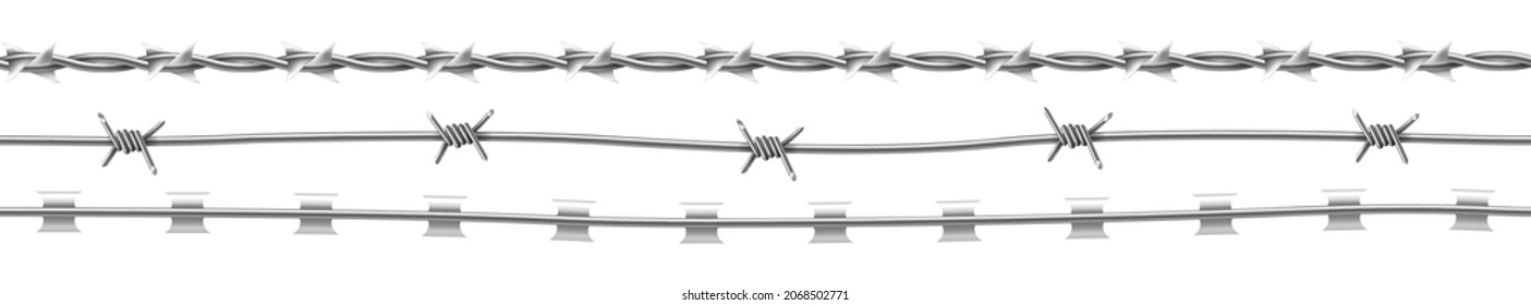 Metal steel barbed wire with thorns or spikes realistic isolated on white background. Fencing or barrier element for danger industrial facilities or prisons. Vector illustration