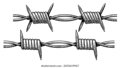 Metal steel barbed wire with thorns, spikes. Hand drawn sketch vector illustration. Tattoo engraving style