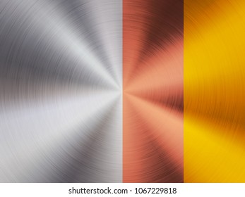 Metal steel, bronze and gold technology background with polished, circular brushed texture, silver, chrome, aluminum, copper for design concepts, wallpapers, web and prints. Vector illustration.