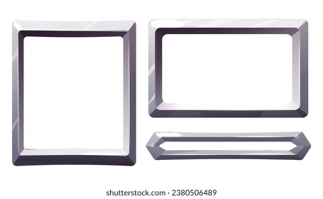 Metal steel frame, iron panel, silver game menu, border in cartoon style silver color isolated on white background. Board template.