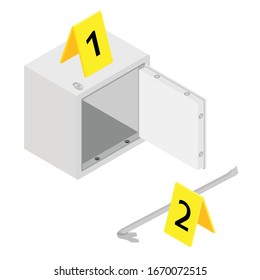 Metal steel money bank safe and crowbar with yellow evidence markers isometric view. Breaking into safe