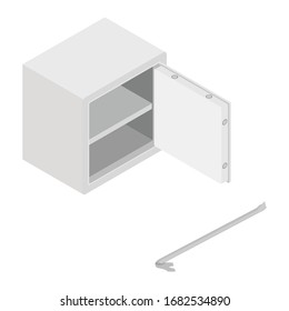 Metal steel money bank safe and crowbar vector icon isometric view. Breaking into safe
