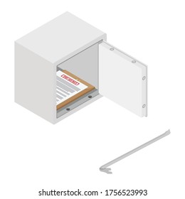 Metal steel money bank safe with top secret document and crowbar vector icon isometric view. Breaking into safe