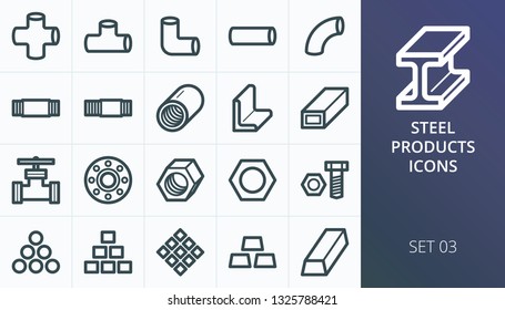 Metal And Steel Pipes And Tubes Icons Set. Set Of Cross Pipe, Angle Tube, Tube Nipple, Pipe Coupling, Threaded Fittings, Flange, Aluminium Scrap Vector Icon